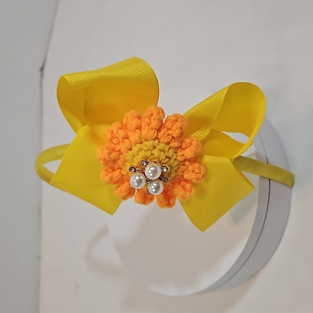 Hand Crafted yellow bow hairband hand  crochet flower faux pearls beads floral - Picture 7 of 17